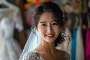 Naklejka premium Asian woman in wedding dress looking at camera with confidence in wedding dress shop.