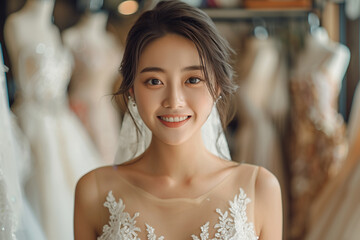 Naklejka premium Asian woman in wedding dress looking at camera with confidence in wedding dress shop.