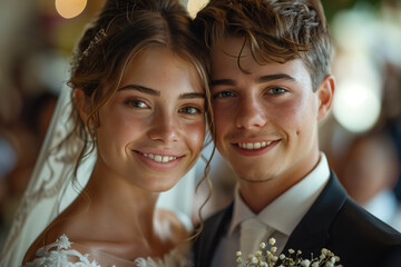 Caucasian couple in wedding dresses smiling happily at their wedding.