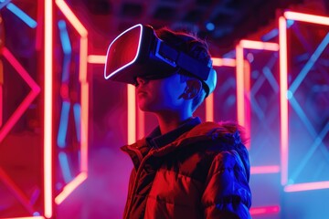 Boy in VR goggles experiencing virtual reality in neon lit studio.