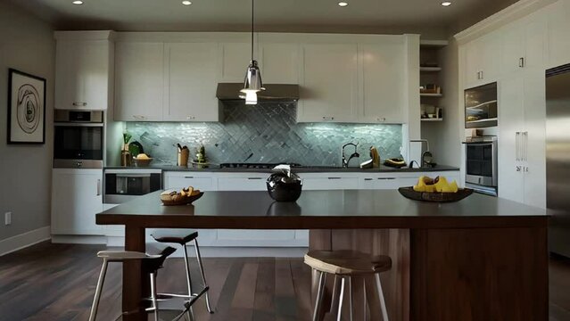 Modern Kitchen with White Cabinets, Wood Island, and Herringbone Tile Backsplash