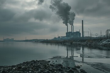 Coal power plant spewing ash and smoke into the air, nearby river showing traces of pollution, room for text on the cloudy sky