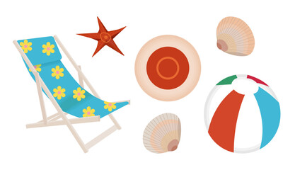 Set of summer beach elements on a white background. Beach lounger and inflatable bright ball with stripes. Brown frisbee flying saucer. Clam shells and red starfish. Beach games. Vector.