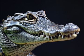 Fototapeta premium Close-up of a Crocodile's Head with Detailed Scales and Sharp Teeth Against a Dark Background, Showcasing the Reptile's Intense Gaze and Intricate Skin Texture