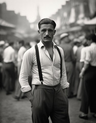 Fototapeta premium Grainy archival 1930's B&W portrait of young mafia gangster in the Little Italy neighborhood of NYC during the Great Depression. Confident and guarded expression. 
