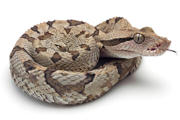 Fototapeta premium Close-Up of a Coiled Gaboon Viper with Distinctive Camouflage Pattern and Prominent Fangs in a Studio Setting