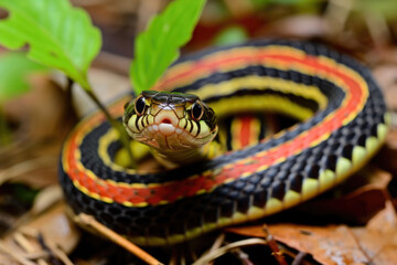 Fototapeta premium Close-Up of a Colorful Garter Snake in Natural Habitat with Vibrant Stripes and Detailed Scales, Surrounded by Leaves and Foliage, Capturing the Beauty of Wildlife and Reptiles in Nature