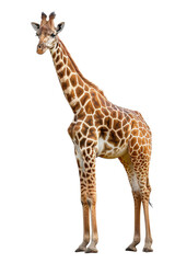 Fototapeta premium Tall Giraffe Standing Majestically Against a White Background, Showcasing Its Unique Pattern and Graceful Posture, Perfect for Wildlife, Nature, and Animal-Themed Projects and Publications