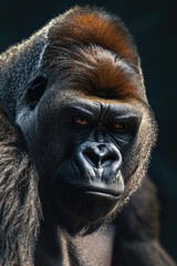Obraz premium Close-Up Portrait of a Majestic Gorilla with Intense Gaze and Detailed Fur Texture in Natural Light