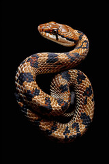 Obraz premium Close-Up of a Colorful Snake on a Black Background with Detailed Scales and Patterns, Perfect for Nature, Wildlife, and Reptile Enthusiasts