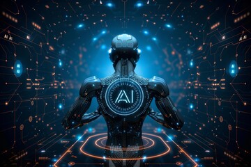 AI Robot in Futuristic Setting with Digital Interface, Illustrating Advanced Robotics, Automation, and Intelligent Systems
