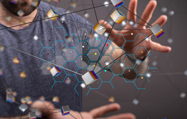 Digital cyberspace with particles and Digital data network connections concept.