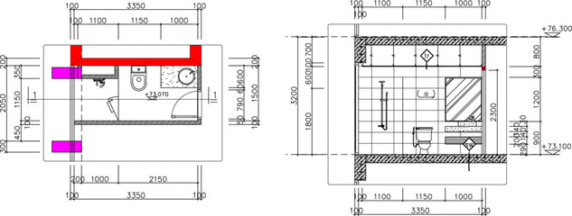Vector silhouette illustration sketch, detailed drawing of architectural engineering design, floor plan and bathroom interior with a size scale 
