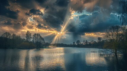 Sun rays breaking through a cloudy sky over a serene lake