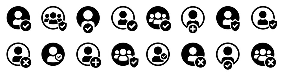 User accept icon set. Profile with checkmark icon. Accept new user. Add user. Delete user. User icon symbol sign collections. Vector illustration © vectorsanta