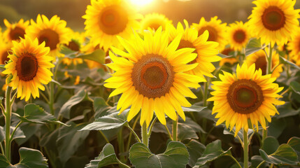 Fototapeta premium Sunflowers in full bloom facing the rising sun in a vibrant field