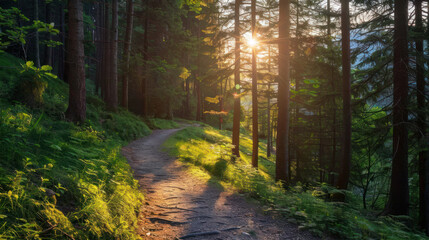 Obraz premium Sunlit path winding through a dense forest with tall pines