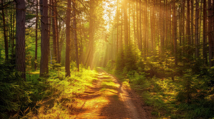 Sunlit path winding through a dense forest with tall pines
