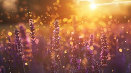 Sunset over a field of lavender with golden light and purple blooms