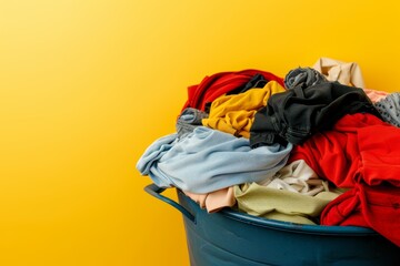 Overloaded laundry basket against yellow background