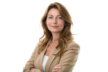 Portrait of middle age businesswoman wear brown suit and crossed arm pose isolated on transparent background.