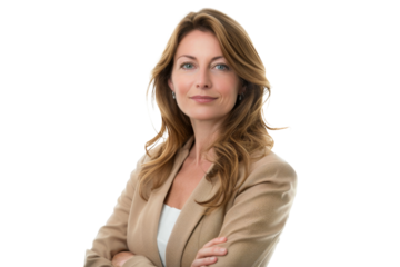 Portrait of middle age businesswoman wear brown suit and crossed arm pose isolated on transparent background.