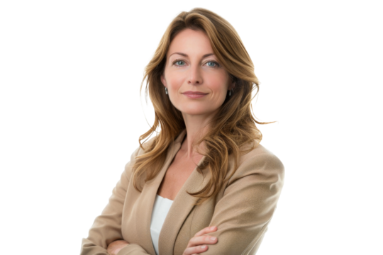 Portrait of middle age businesswoman wear brown suit and crossed arm pose isolated on transparent background.
