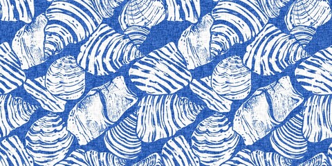 Azure blue white shell motif with linen seamless batik border background. Modern coastal beach cottage rustic shell block print home decor pattern design in sealife beach banner style. 