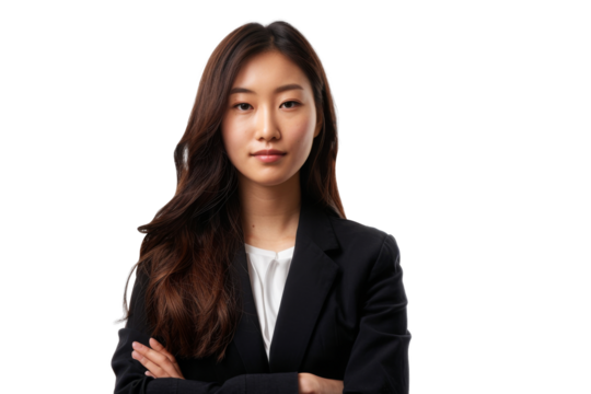 Portrait of beautiful confident young Asian businesswoman, successful manager isolated on transparent background.