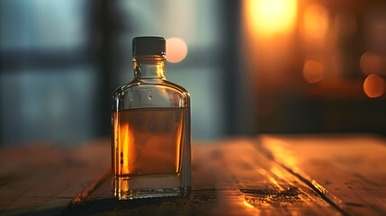 A single bottle of lighter fluid on a wooden background with a blurred backdrop suitable for advertising