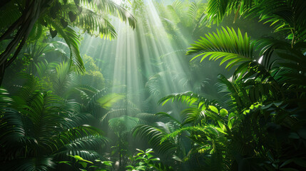 Tropical rainforest with lush foliage and sunlight filtering through