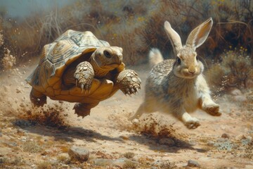story of the hare and the tortoise. Rabbit and turtle running