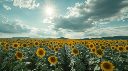 Obraz premium Vast sunflower field under a partly cloudy sky with rays of sun