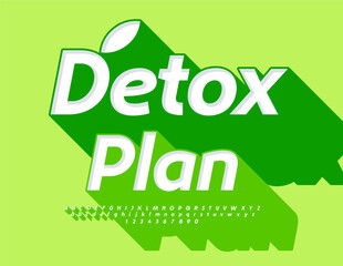 Vector eco template Detox Plan. Bright 3D Font with Big Green Shadow. Creative Alphabet Letters and Numbers set.