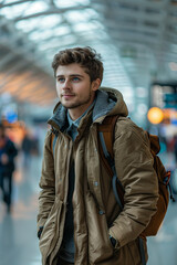 Fototapeta premium Caucasian male tourist walking in the airport terminal.