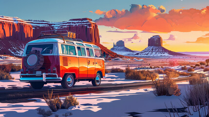 Artistic vector illustration of vintage retro camper van