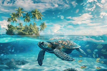 Obraz premium Tropical ocean inspired digital art featuring sea turtle swimming.