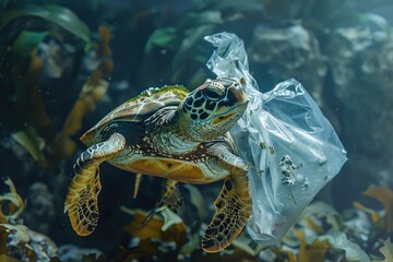 Obraz premium Plastic Pollution In Ocean Turtle Eat Plastic Bag Environmental Problem