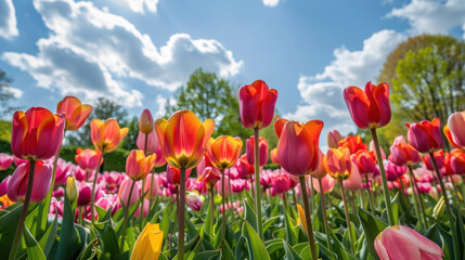 Vibrant tulip garden under a bright spring sky with fluffy clouds