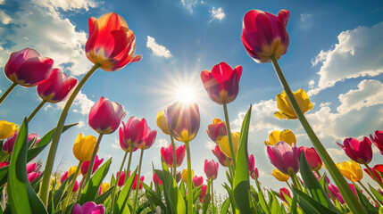 Fototapeta premium Vibrant tulip garden under a bright spring sky with fluffy clouds