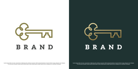 Key leaf logo design illustration. Silhouette line art linear leaf shape nature natural decorative creative gold accessories royal treasure. Simple minimal minimalist modern geometric abstract.