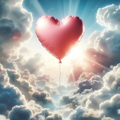 Fototapeta premium Heart-shaped balloon floating among curly clouds. A romantic and dreamy scene symbolizing love, happiness, and lightness