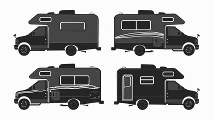 Illustration of black silhouette of RV truck over white background.