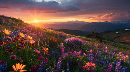 Wildflowers carpeting a hillside with a dramatic sunset in the background