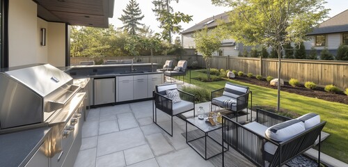 A modern backyard featuring a sleek outdoor kitchen with stainless steel appliances and a bar area, perfect for entertaining.