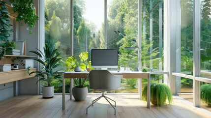 Fototapeta premium Workspace with large windows, natural light, and green decor