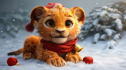 Naklejka premium Cute little lion with Christmas activities