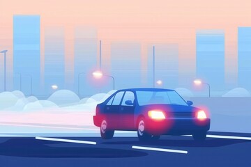 This illustration features a red car driving in a stylized urban environment during dusk, with city buildings in the backdrop