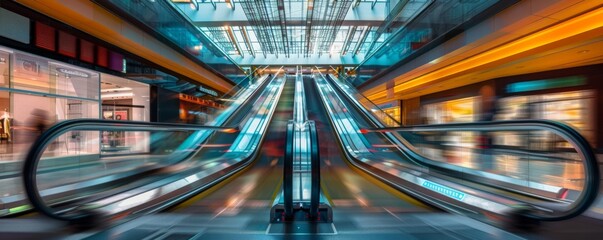 Modern luxury escalators with staircase, architecture concept banner. Generative AI.