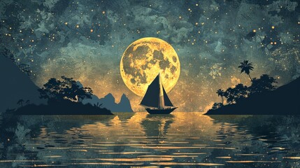 Vector illustration of sailing boat and beautiful scenic landscape of tropical sea.